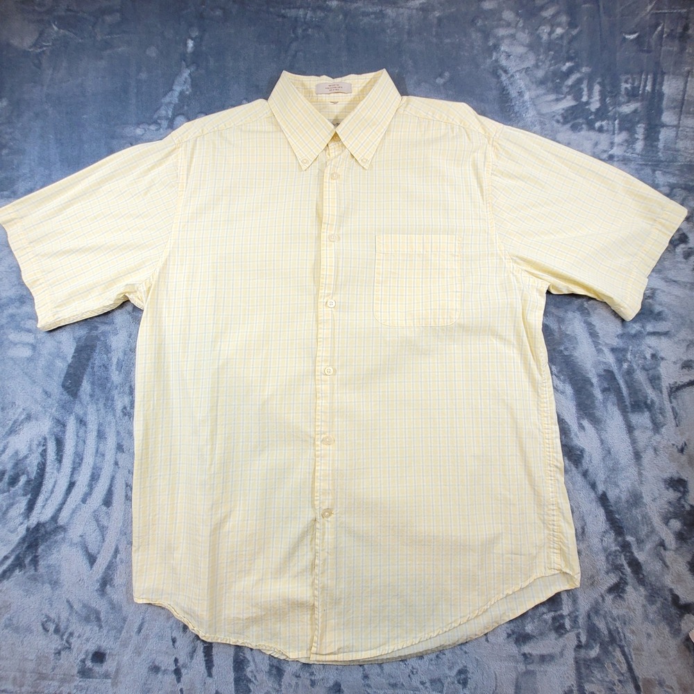 VTG Barry‎ Bricken Mens Yellow Blue Plaid S/S Button Down Cotton Shirt XL